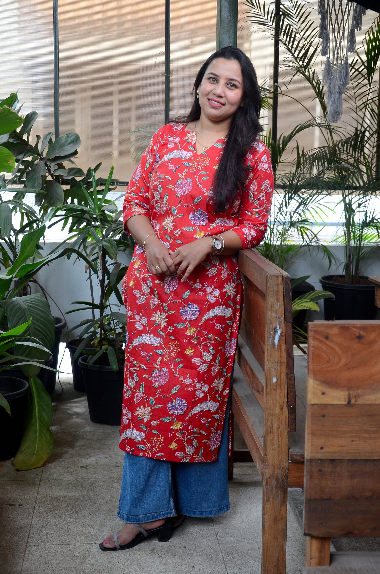 178 Red Floral Printed Straight-line Kurta