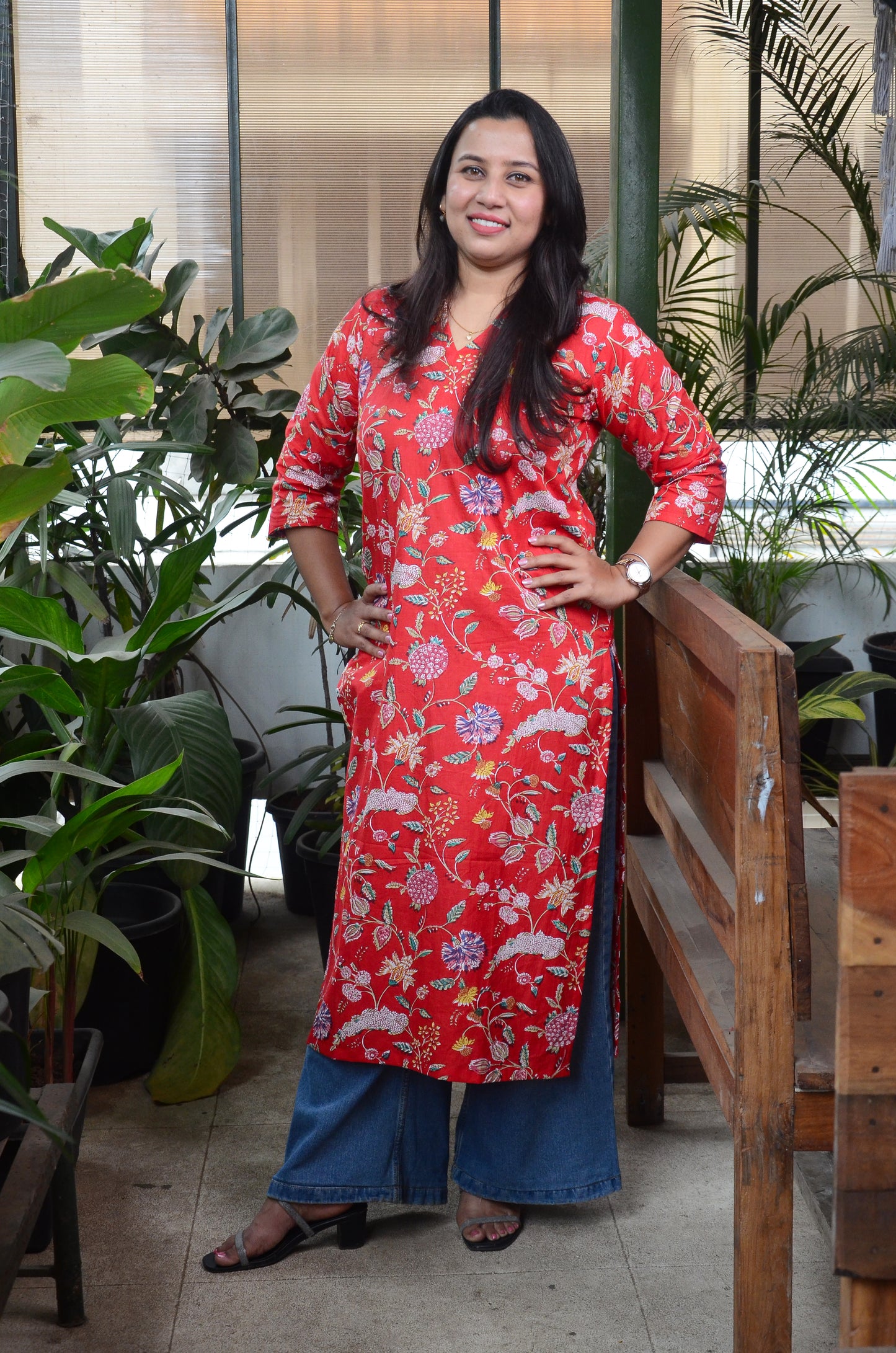 178 Red Floral Printed Straight-line Kurta