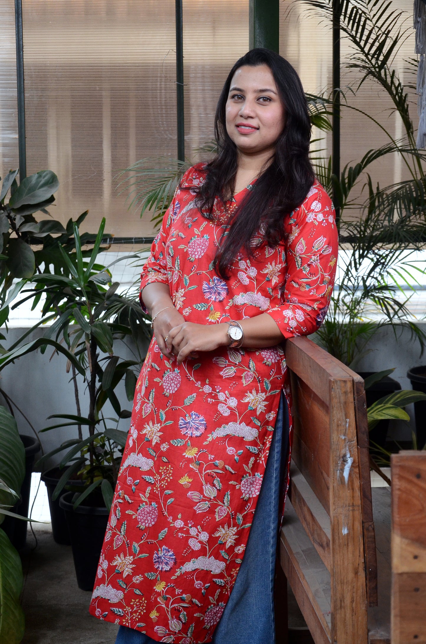 178 Red Floral Printed Straight-line Kurta