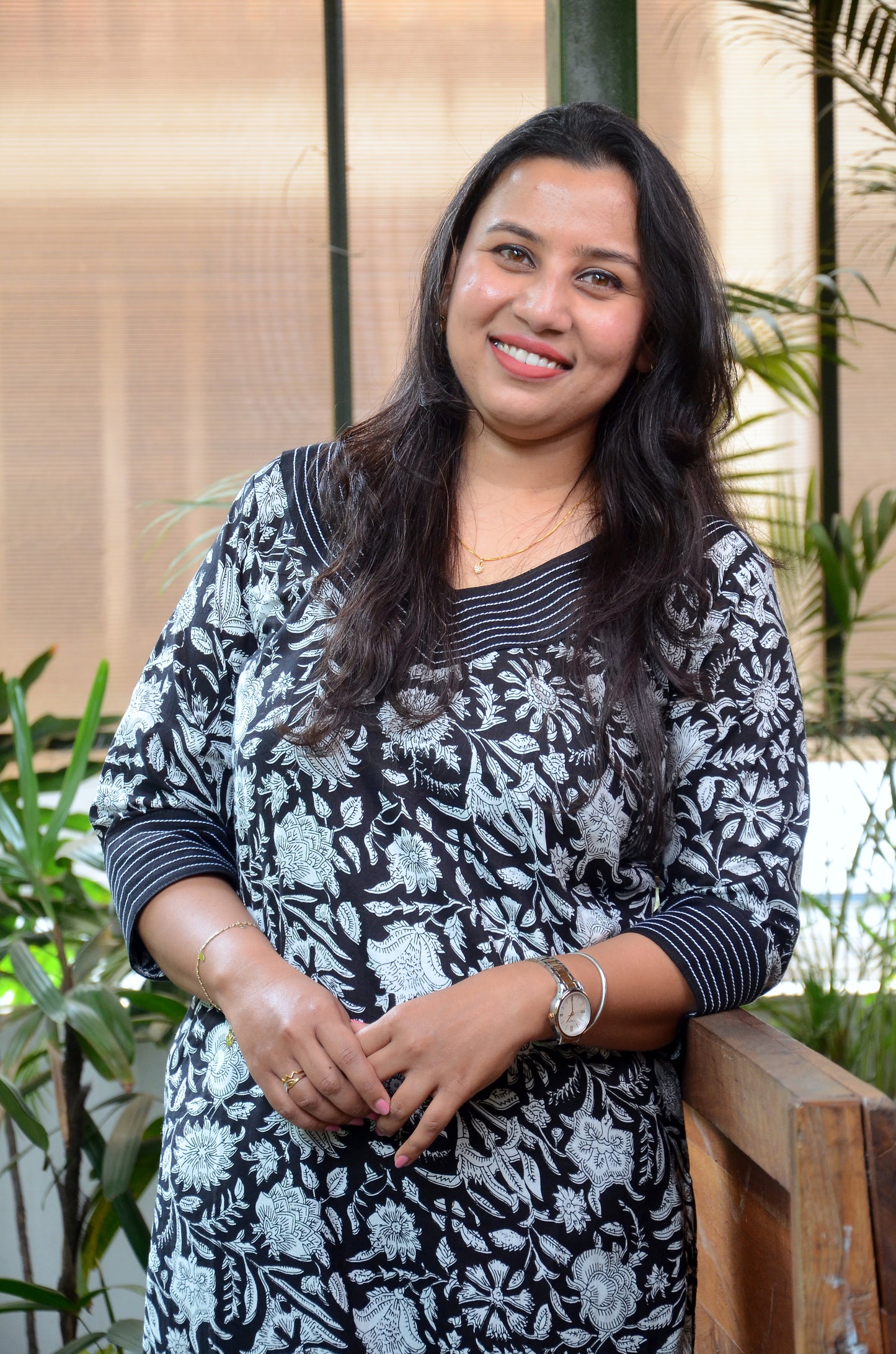 172 Black and white printed kurta with detailing on neck and sleeves