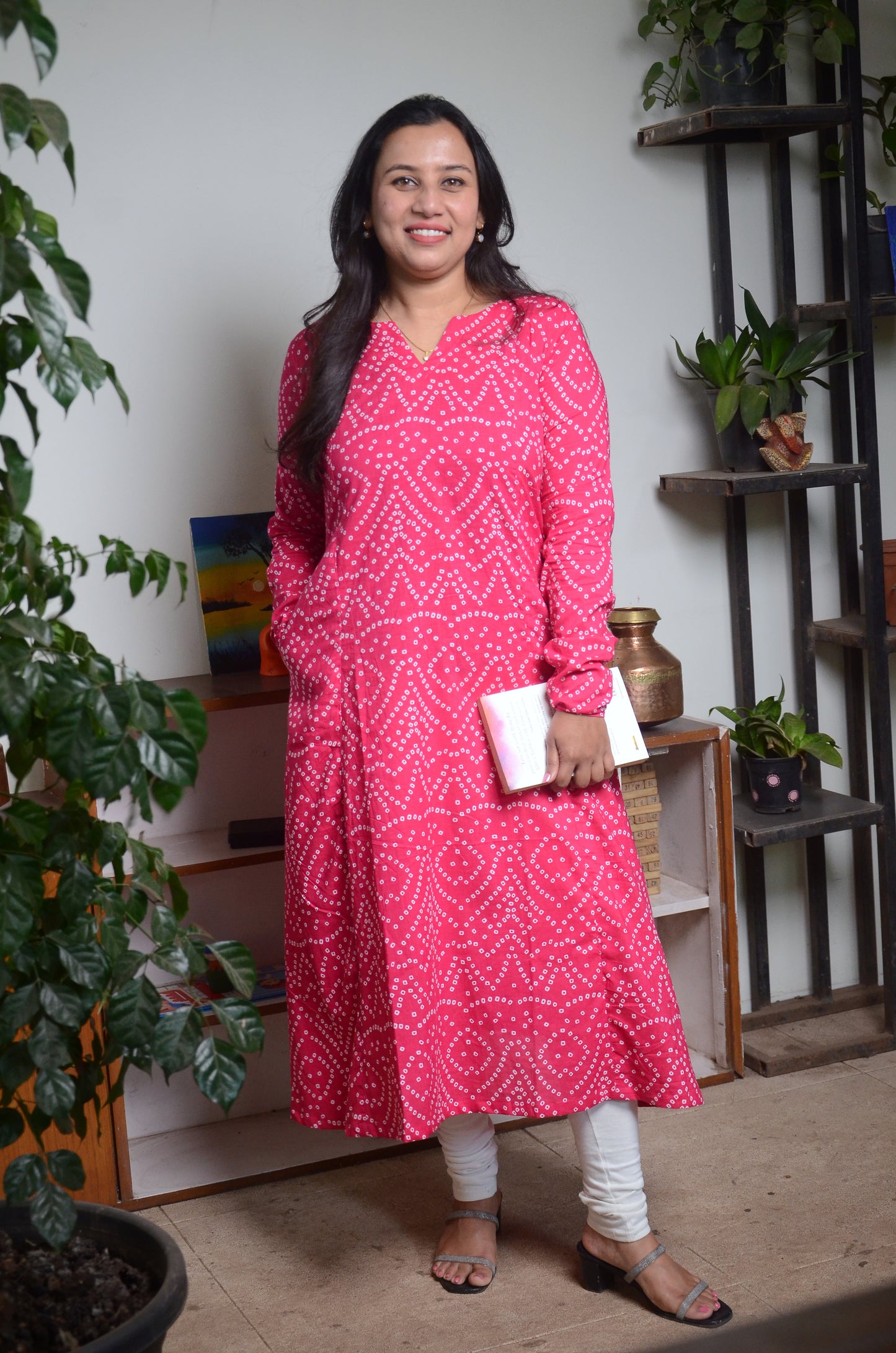 155 Pink bandhani print fit n flare kurta with chudi sleeves