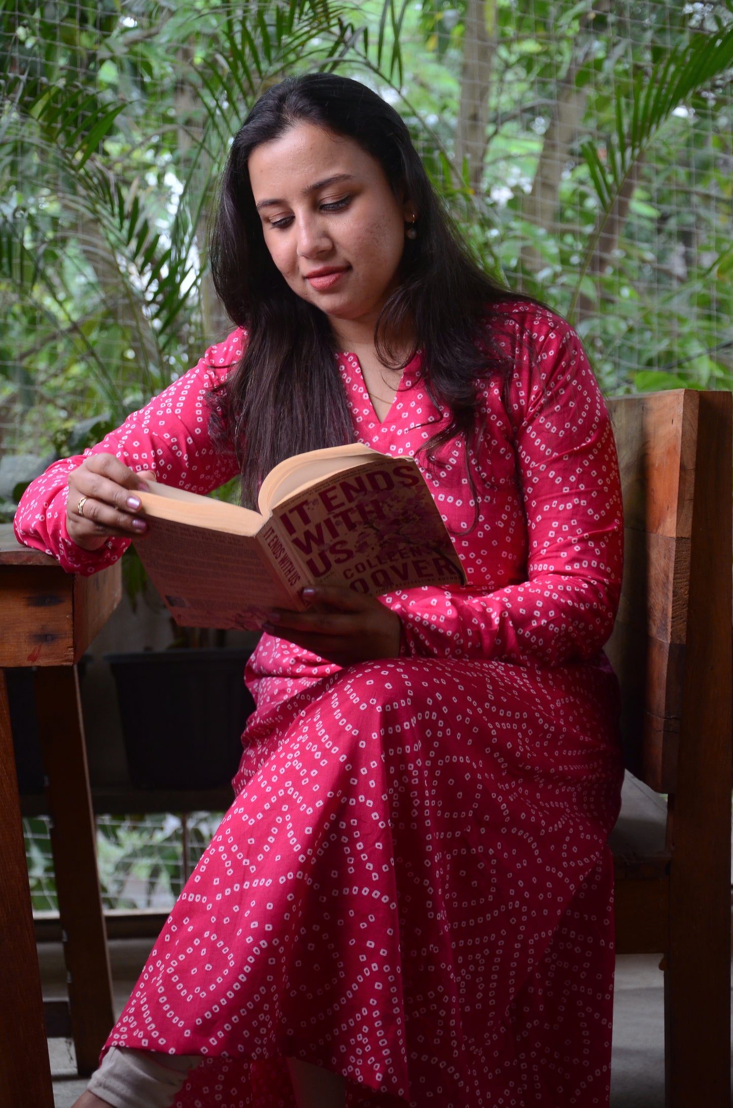 155 Pink bandhani print fit n flare kurta with chudi sleeves