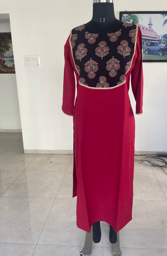 112 Maroon Kurta with Black Yoke Patch and Lace