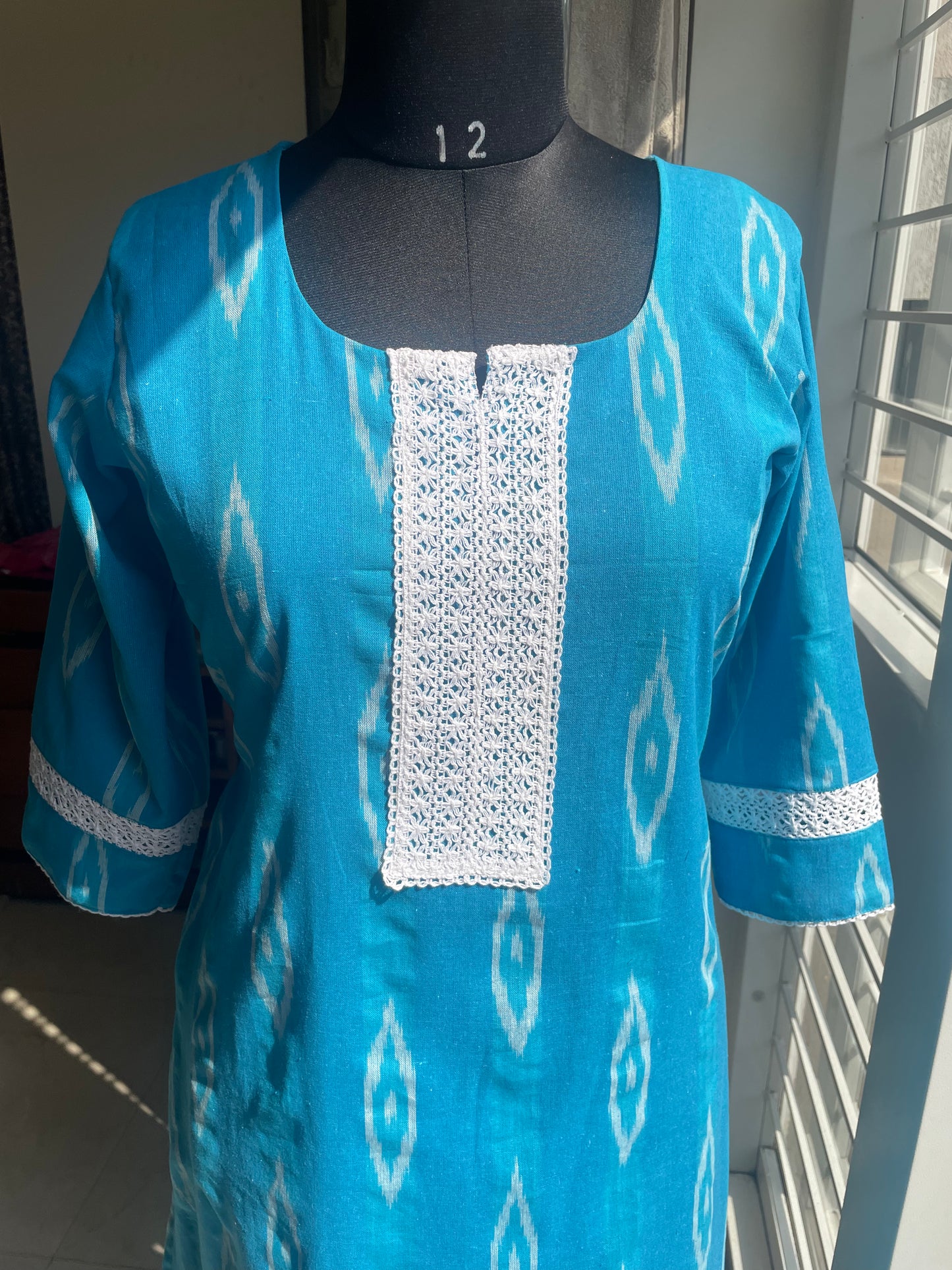 118 Light Blue Ikkat Kurta with Lace Detailing