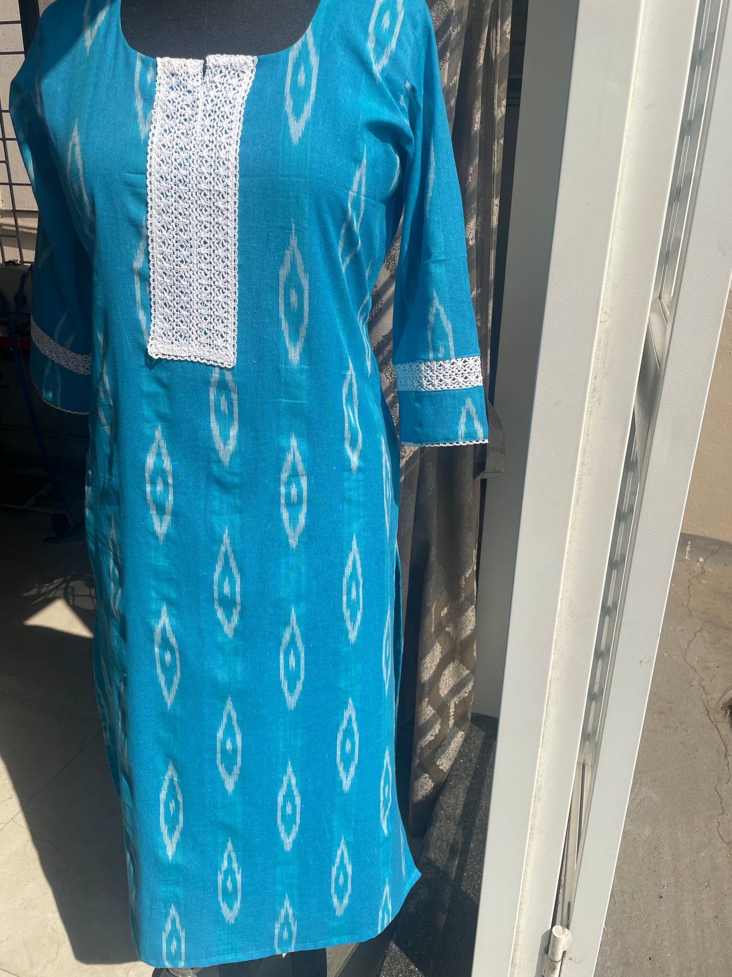 118 Light Blue Ikkat Kurta with Lace Detailing