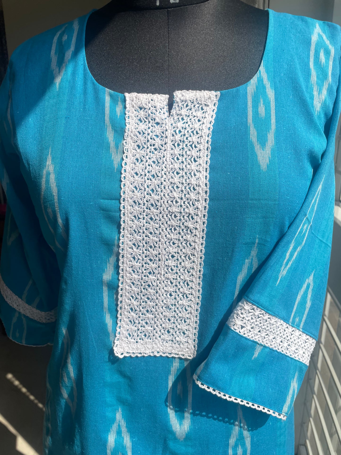 118 Light Blue Ikkat Kurta with Lace Detailing