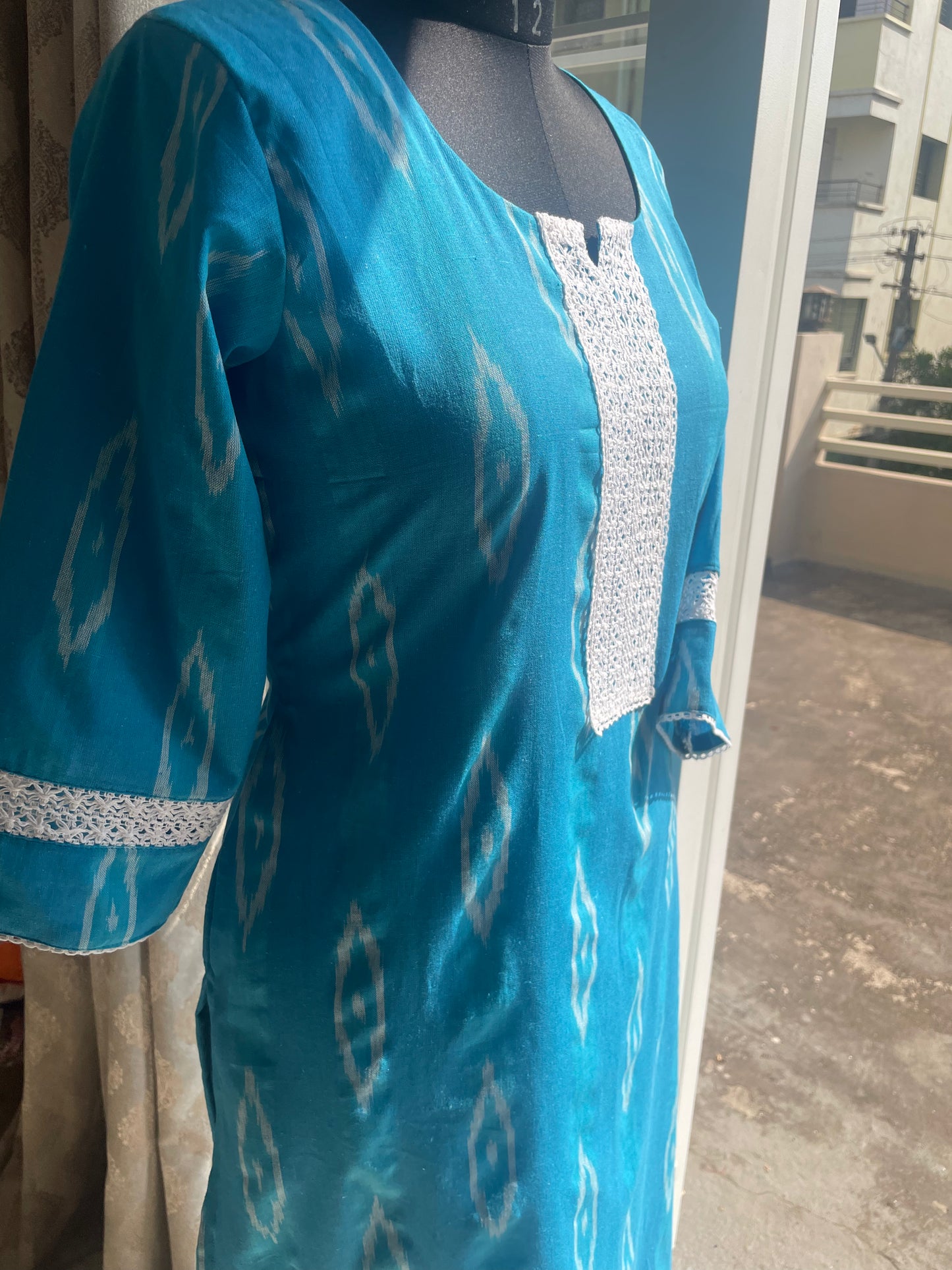 118 Light Blue Ikkat Kurta with Lace Detailing