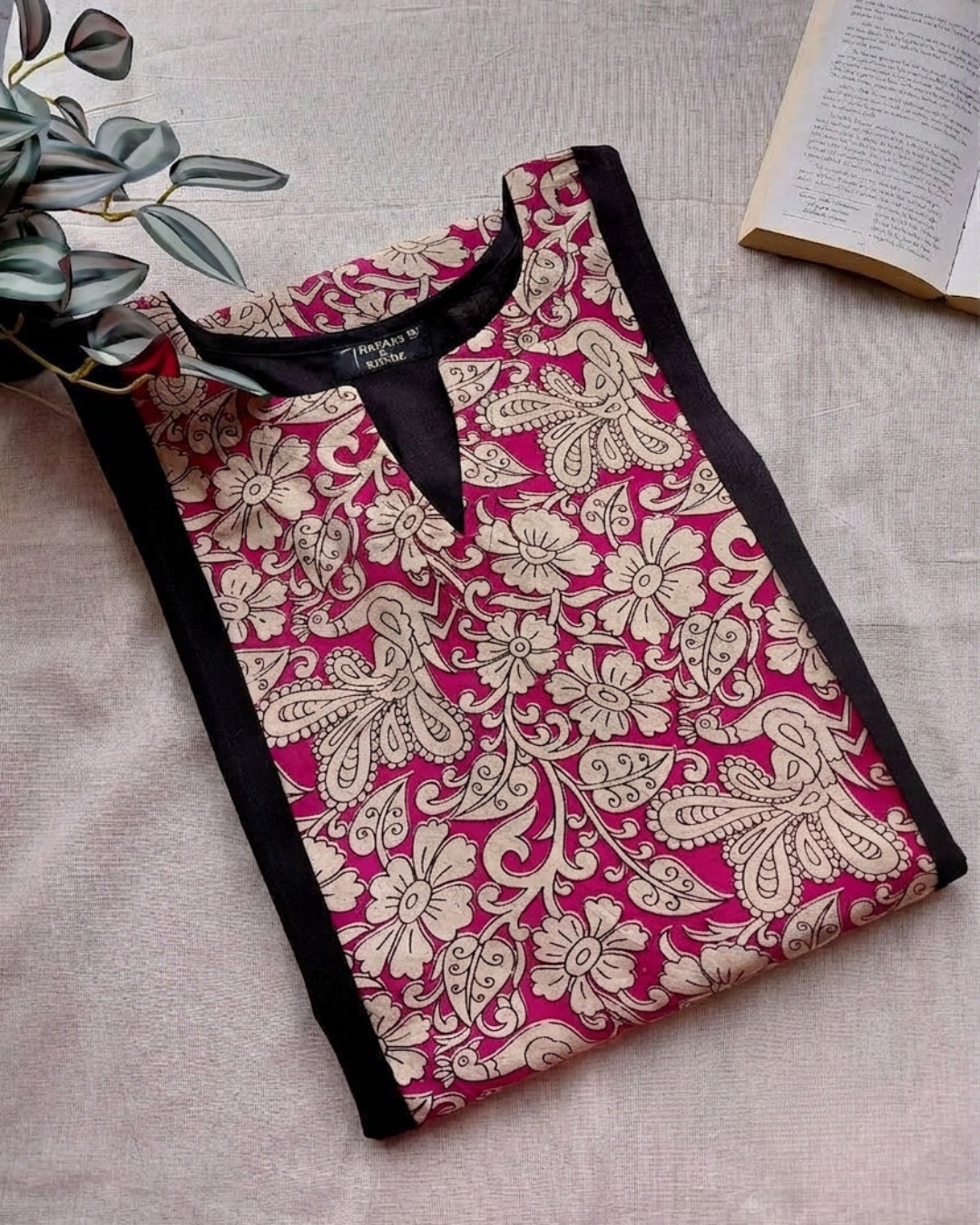 Black With Pink Kalamkari Panel Kurta