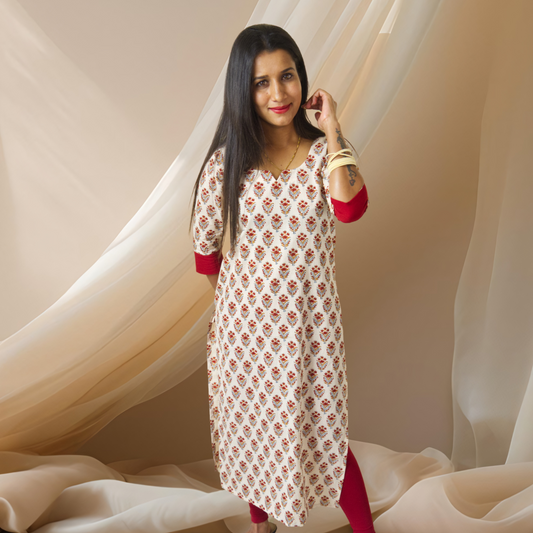 15 Cream And Red Printed Kurta