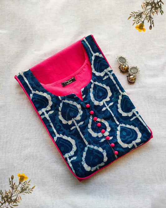 82 Pink Kurta with Indigo Yoke Patch and Potlis