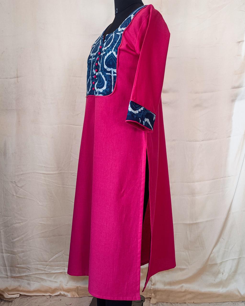 82 Pink Kurta with Indigo Yoke Patch and Potlis