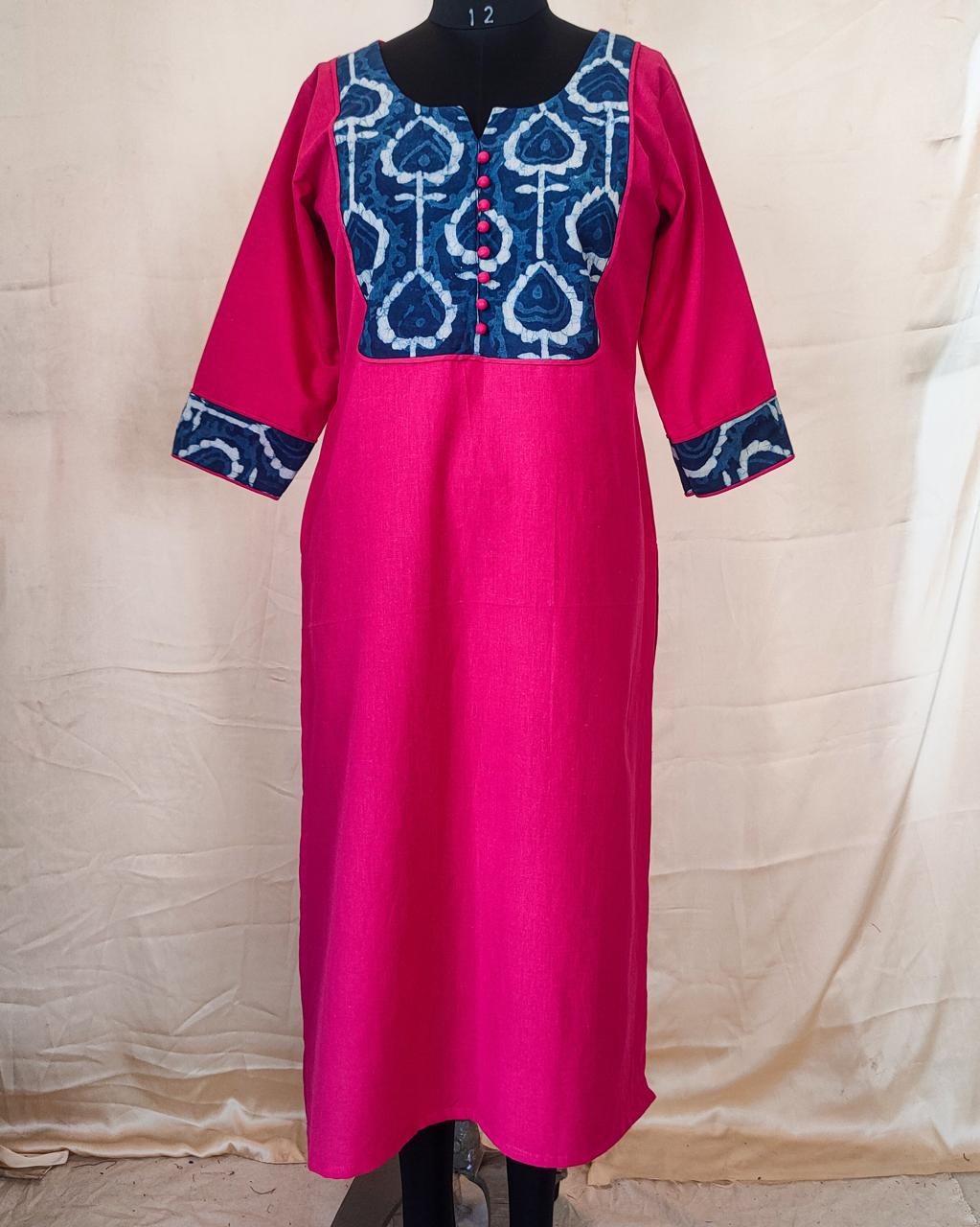 82 Pink Kurta with Indigo Yoke Patch and Potlis