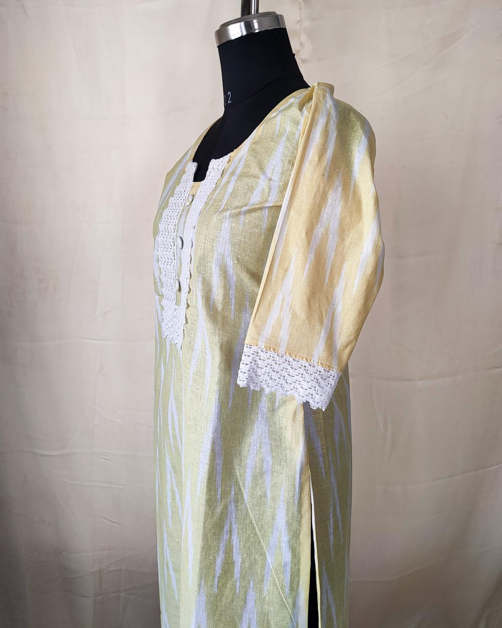 83 Yellow Ikkat Kurta with Lace Detailing