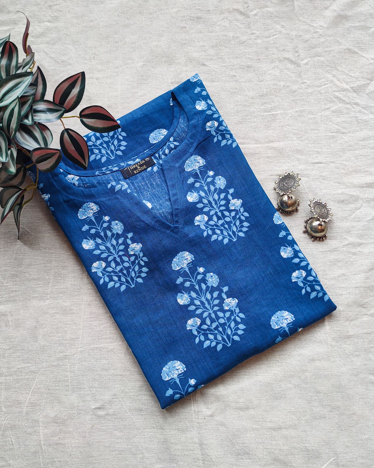 144 Blue Printed Cotton Kurta with Apple Cut