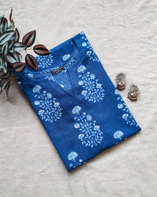 144 Blue Printed Cotton Kurta with Apple Cut