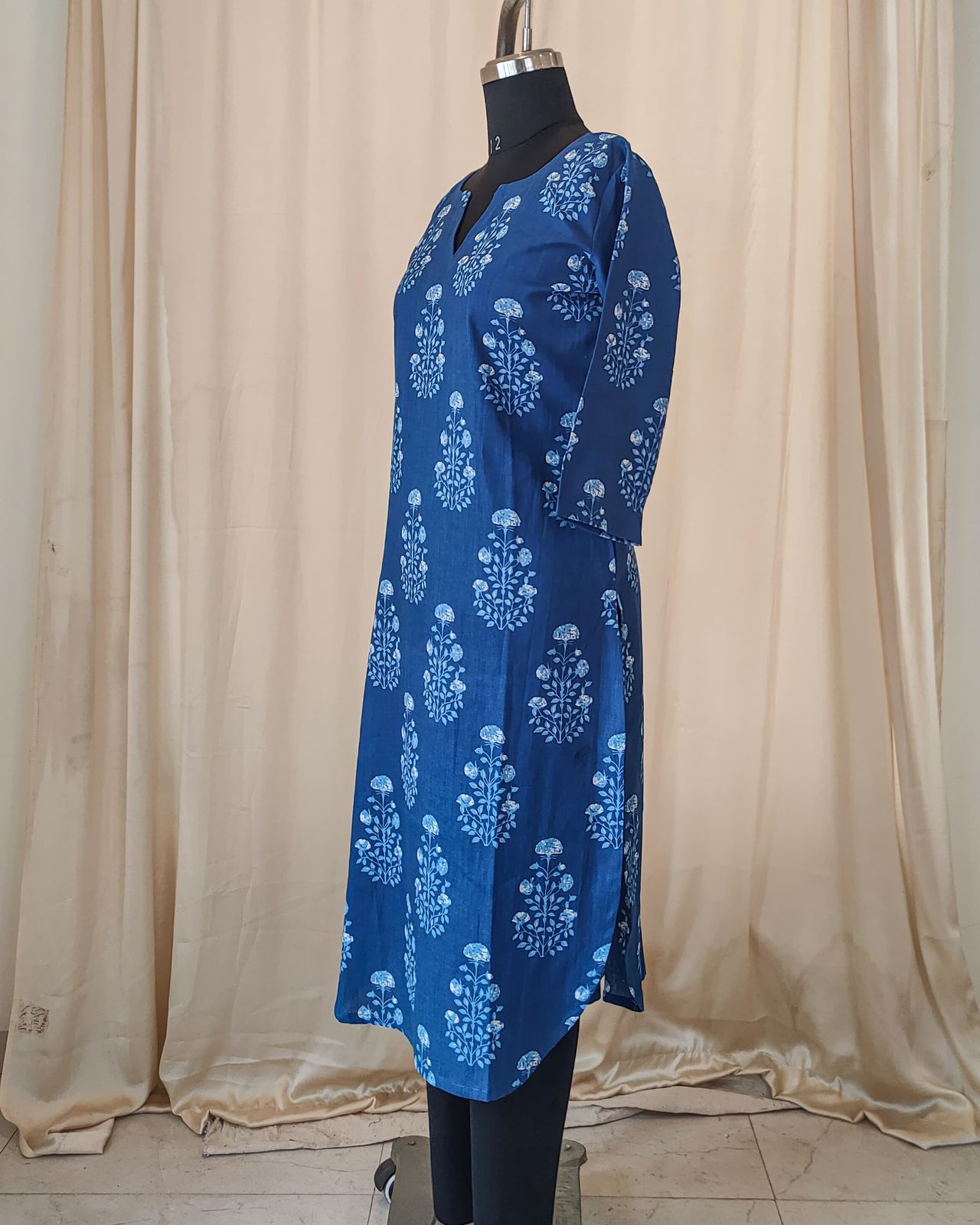 144 Blue Printed Cotton Kurta with Apple Cut