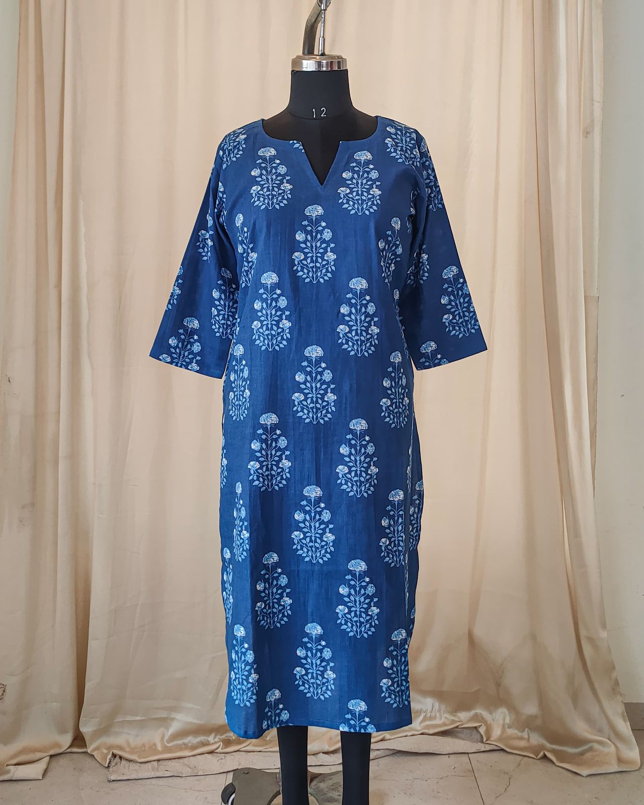 144 Blue Printed Cotton Kurta with Apple Cut