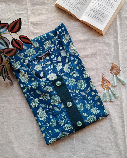 185 Blue Printed Straight Cut Cotton Kurta