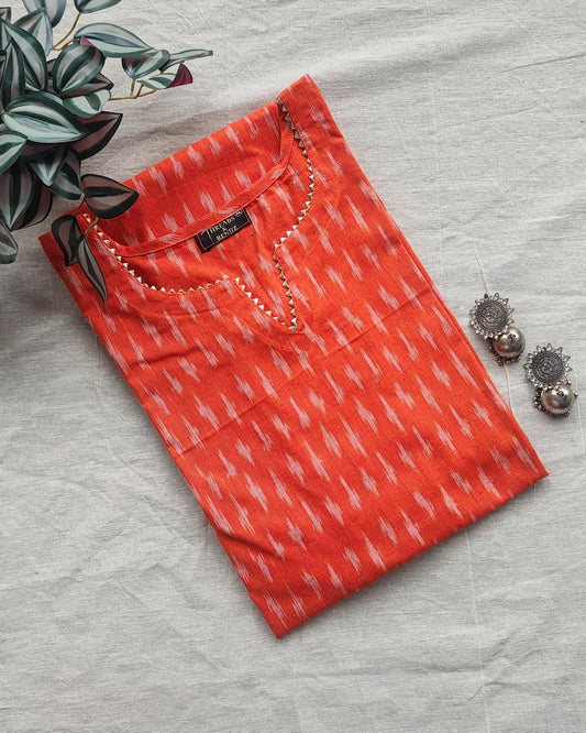 168 Orange Ikkat Cotton Kurta With Golden Lace Detailing