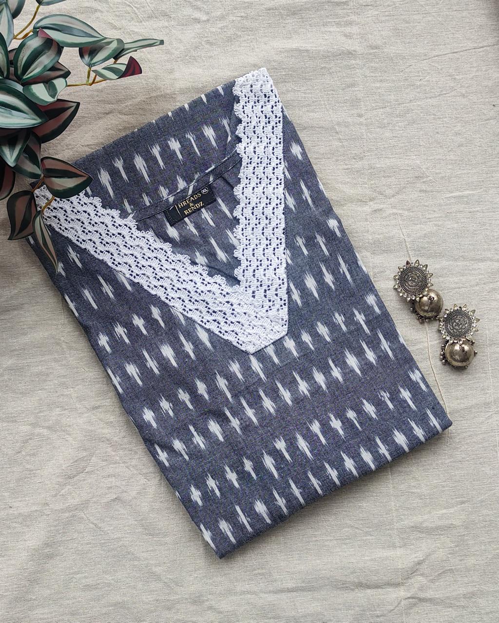 170 Grey Ikkat Cotton Kurta With White Lace Detailing