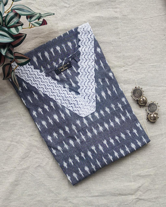 170 Grey Ikkat Cotton Kurta With White Lace Detailing