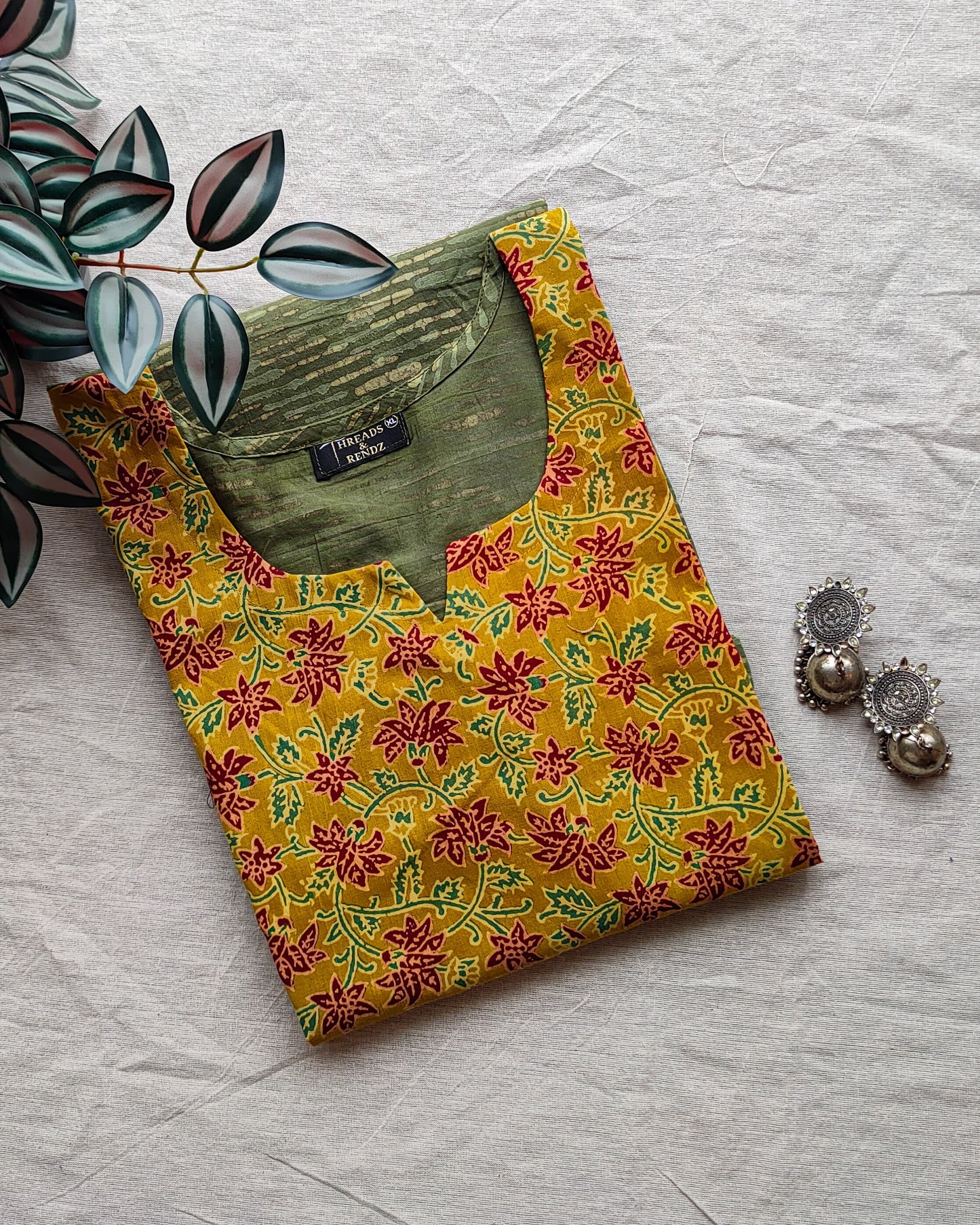 174 An Olive Green Kurta with Ajrakh Yoke Patch