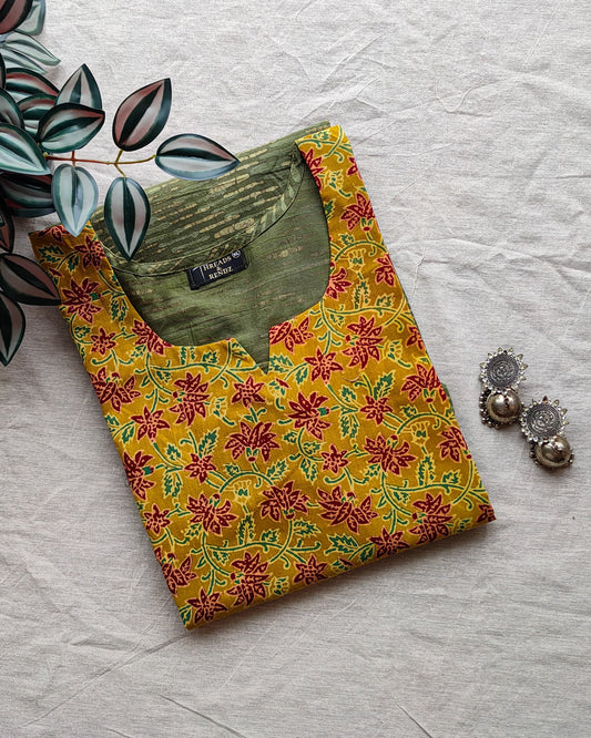174 An Olive Green Kurta with Ajrakh Yoke Patch