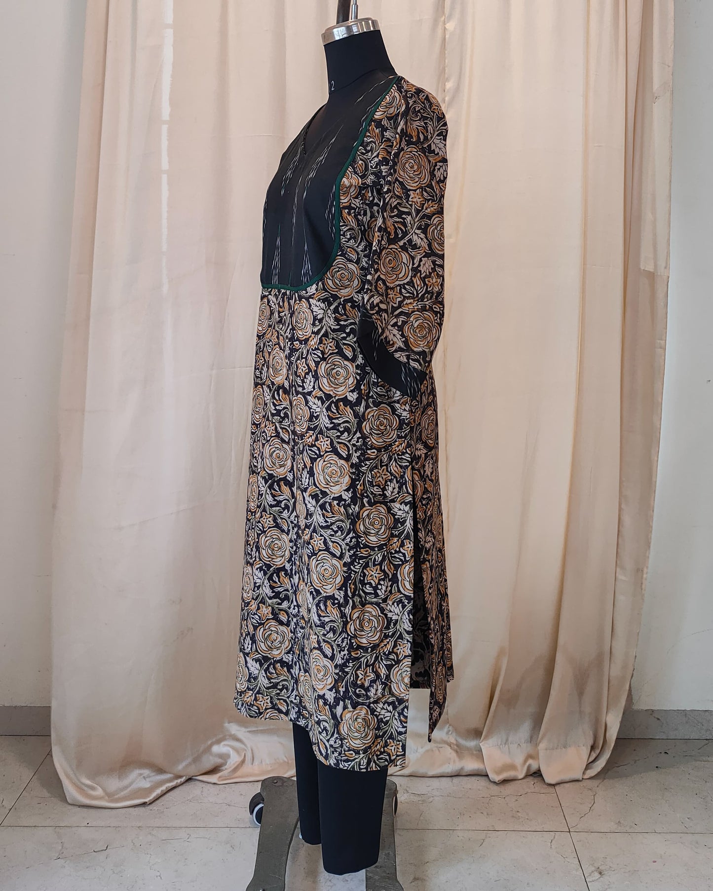 179 Black Kalamkari Kurta with Ikkat Yoke Patch