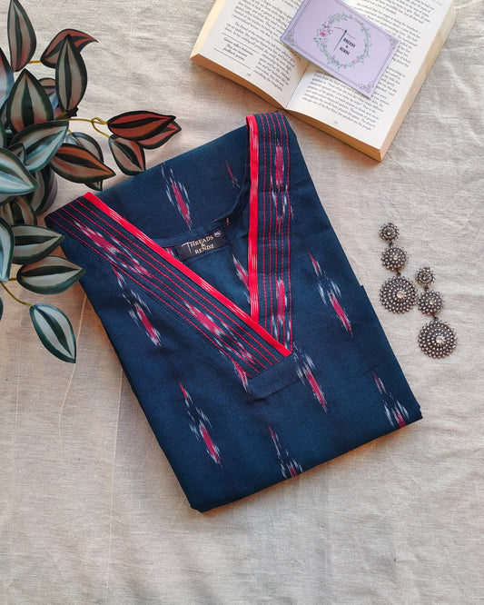208	Navy blue ikkat kurta with red detailing