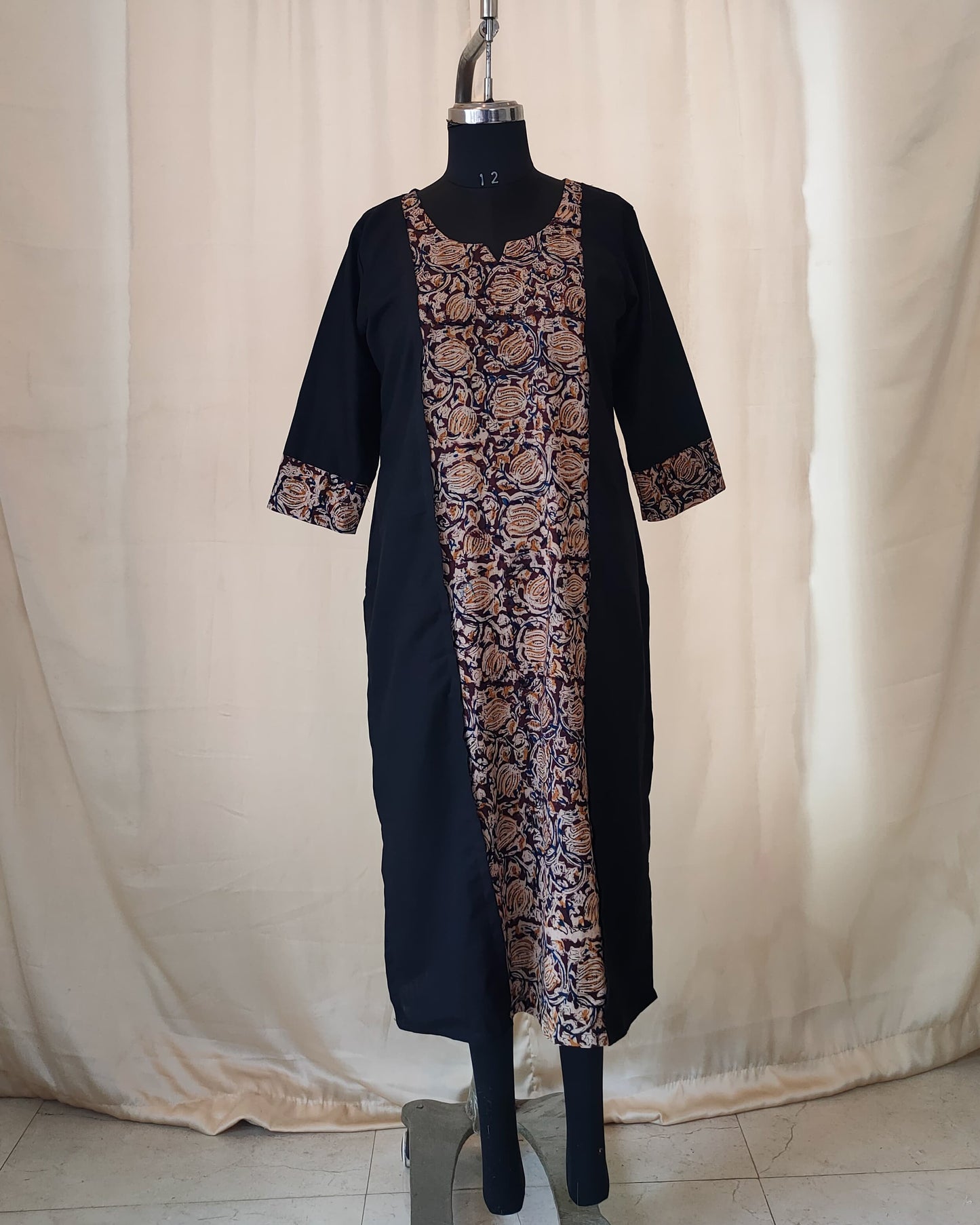 195 Black with kalamkari panel straight cut cotton kurta