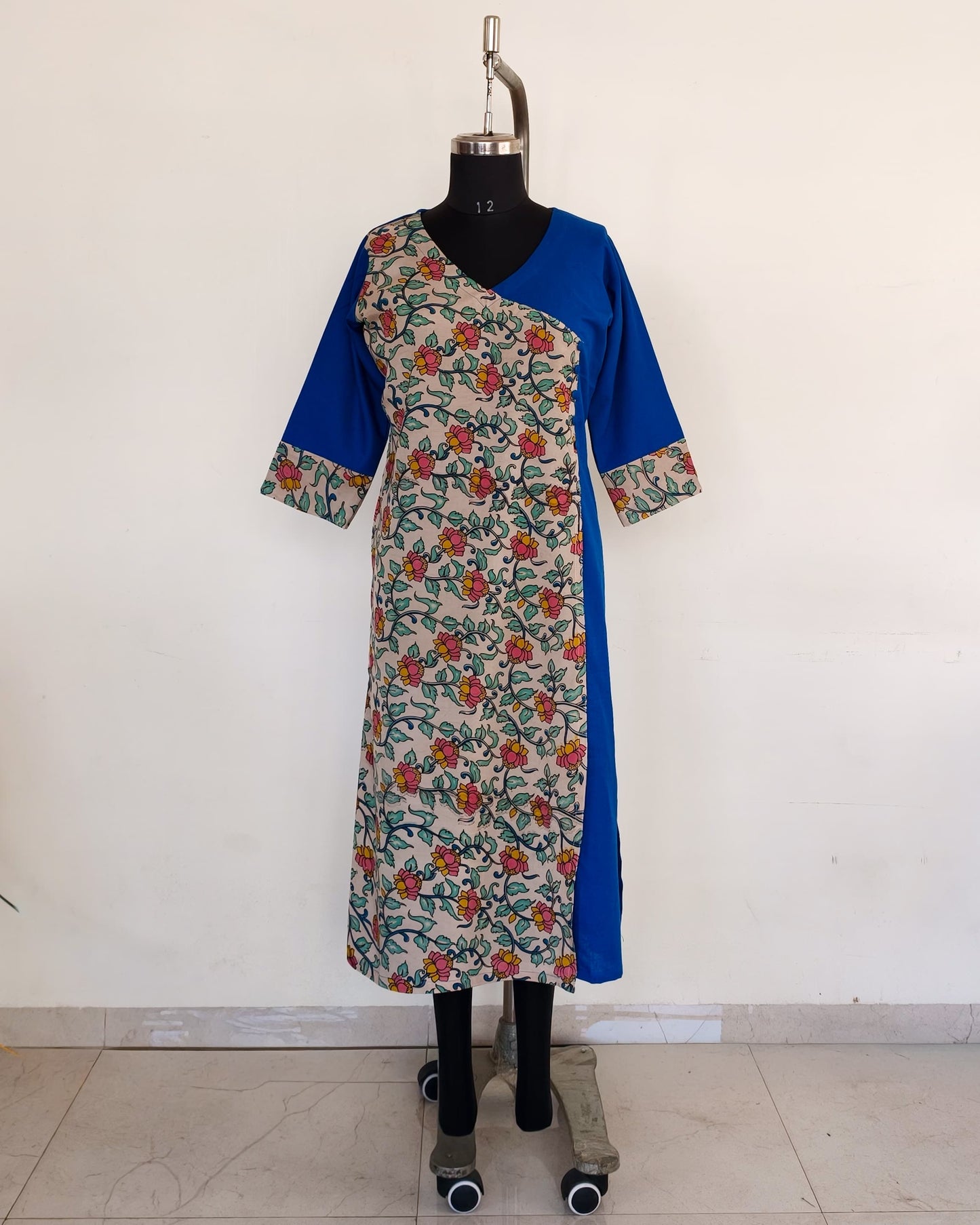 270 Blue with cream fancy silk kalamkari overlap with buttons