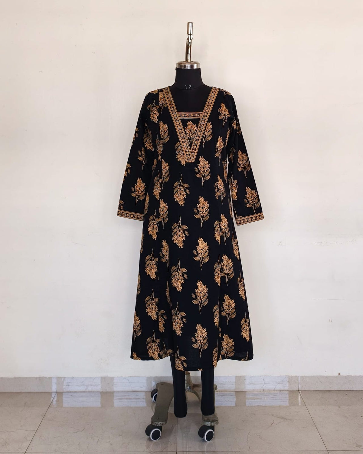 Black Printed A-Line Kurta With Border