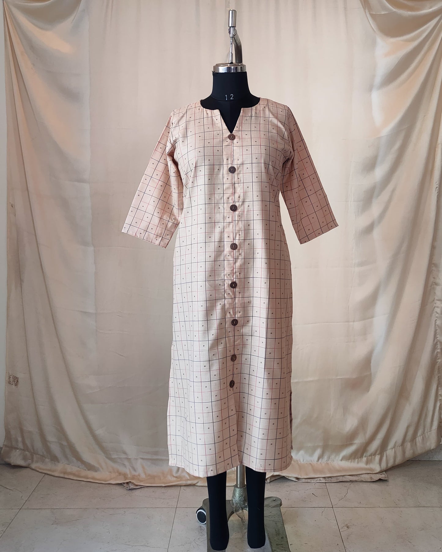 207	Cream checks kurta with buttons