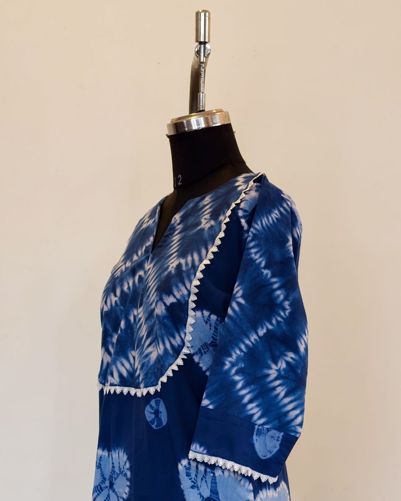 287 Navy blue Shibori kurta with yoke patch and lace