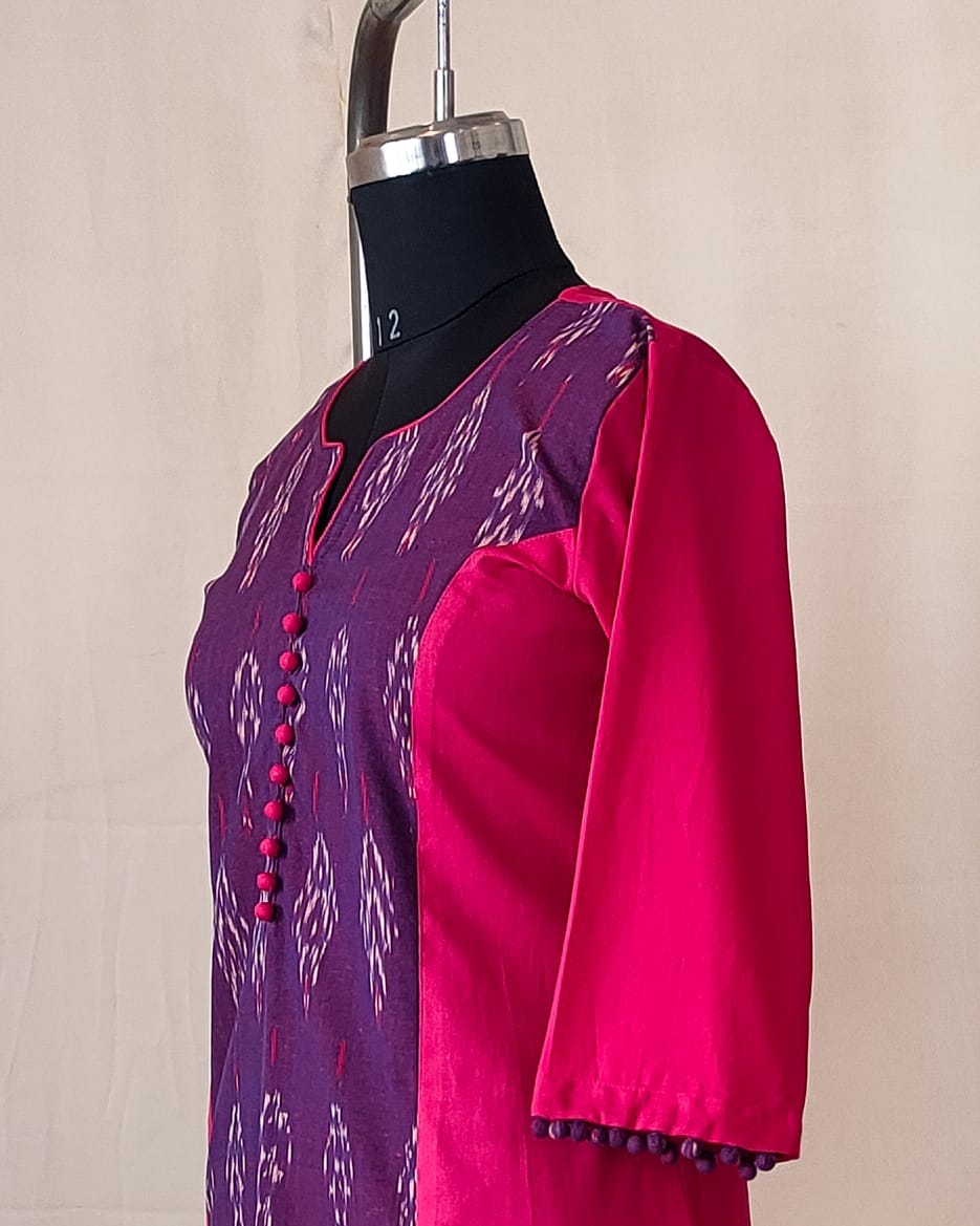 209	Pink n purple ikkat princess cut kurta with potlis