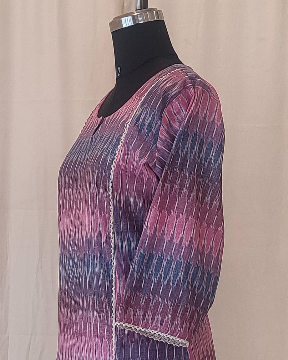 149 Pink and Blue Pastel Shade Ikkat Kurta with Cream Lace Detailing