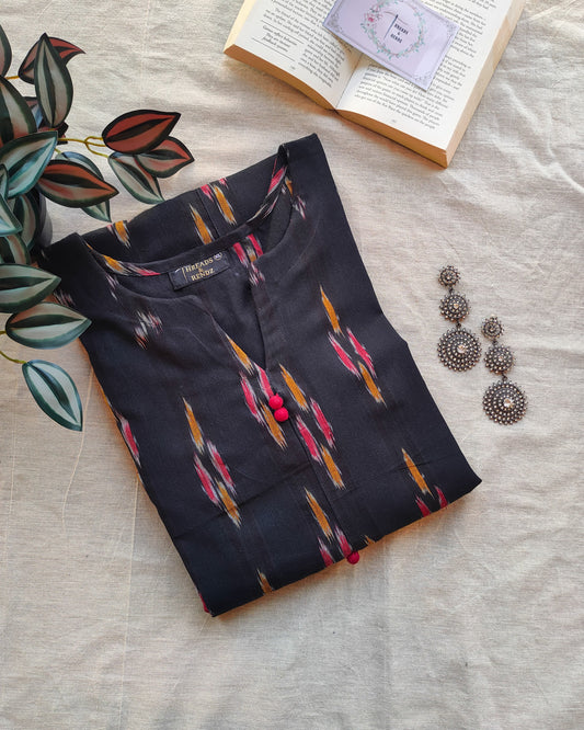 210	Black ikkat A line kurta with red potlis