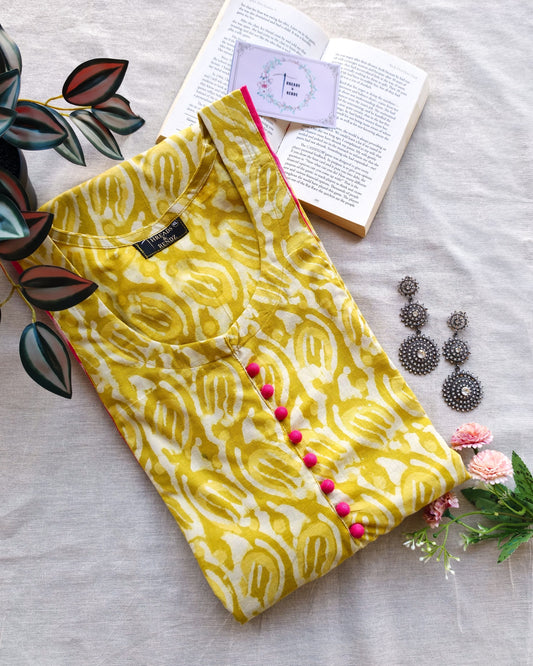240 Yellow bagru print with pink ikkat panels cotton kurta