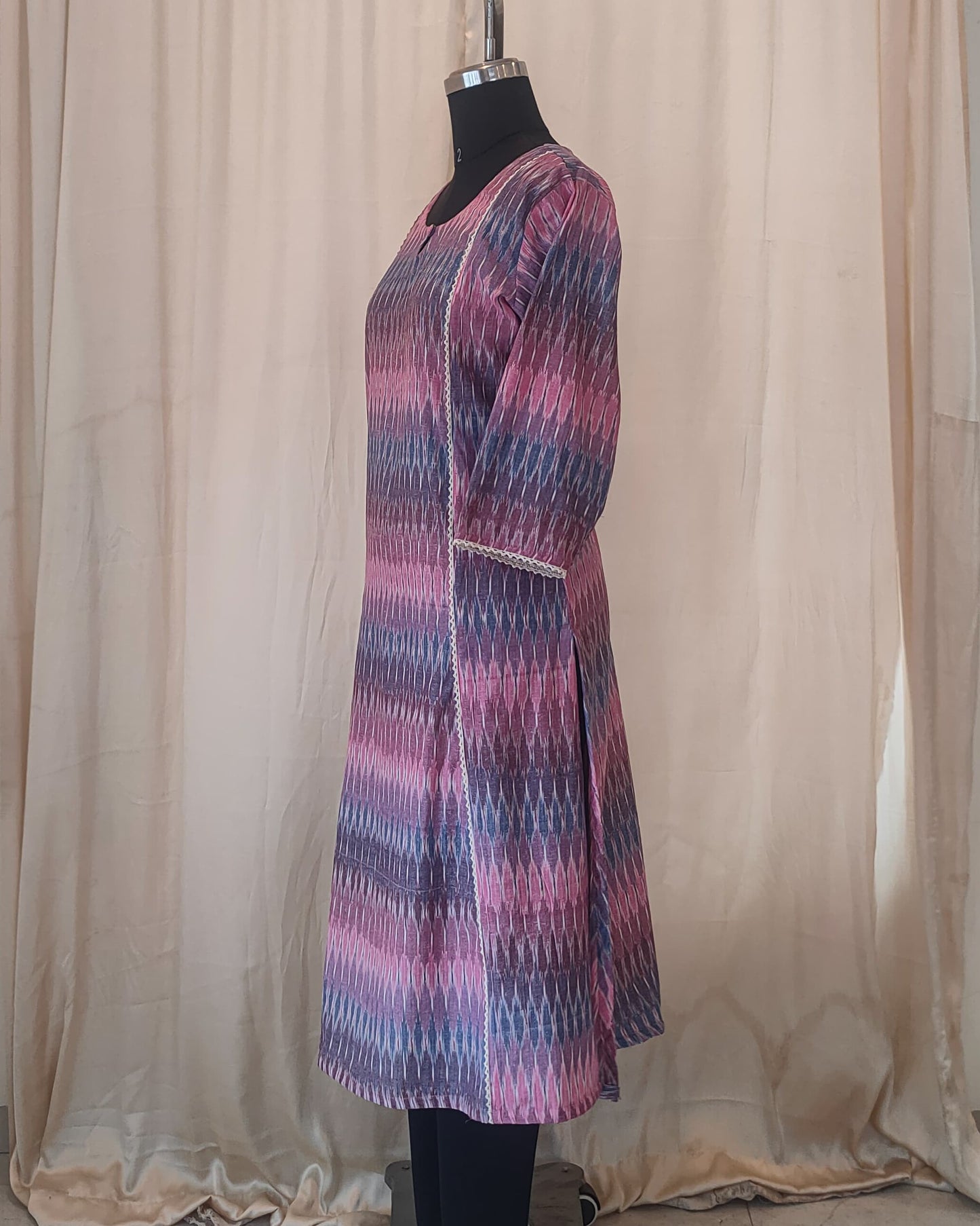 149 Pink and Blue Pastel Shade Ikkat Kurta with Cream Lace Detailing