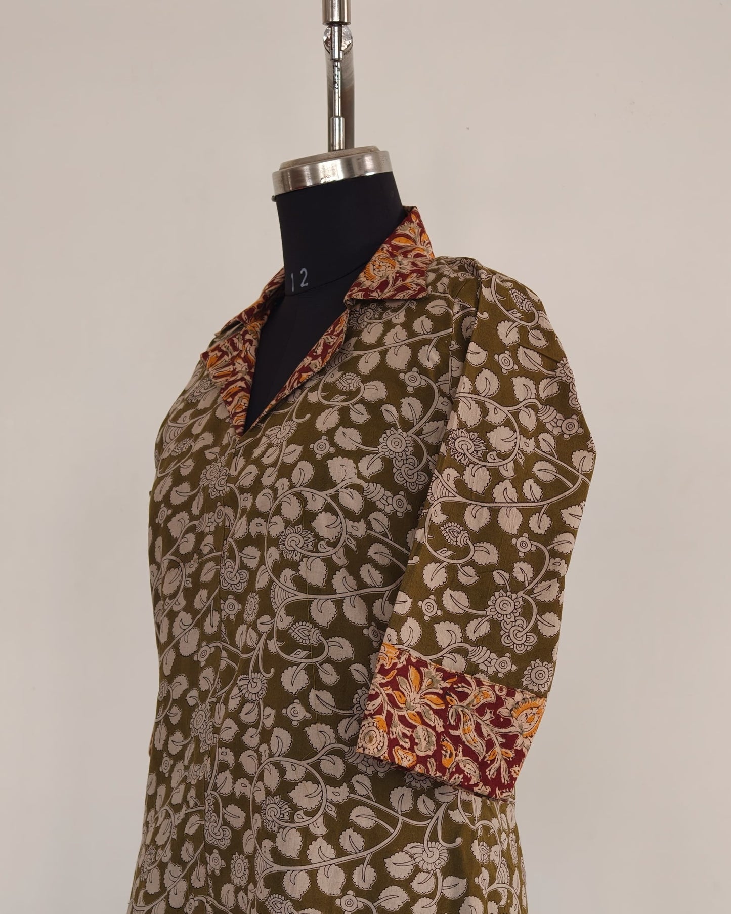 229 Olive Green Kalamkari Kurta with Collar