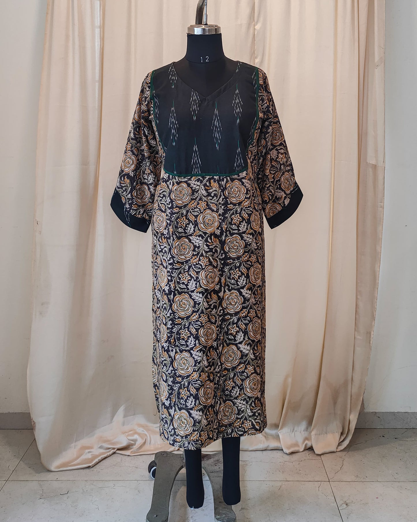 179 Black Kalamkari Kurta with Ikkat Yoke Patch