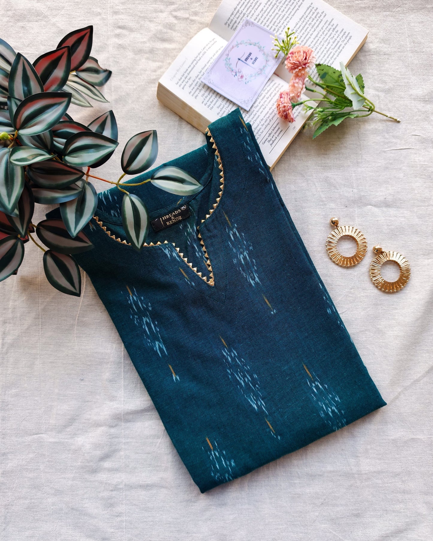 238 Peacock green ikkat kurta with lace