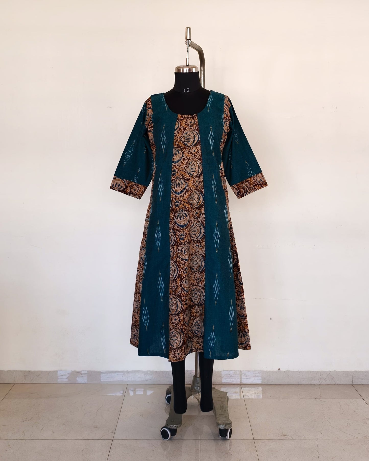 252 Green ikkat and maroon kalamkari flare kurta