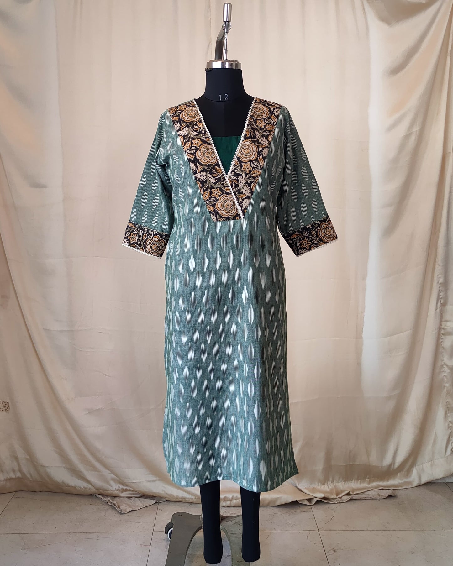 213	Light green ikkat kurta with kalamkari patch
