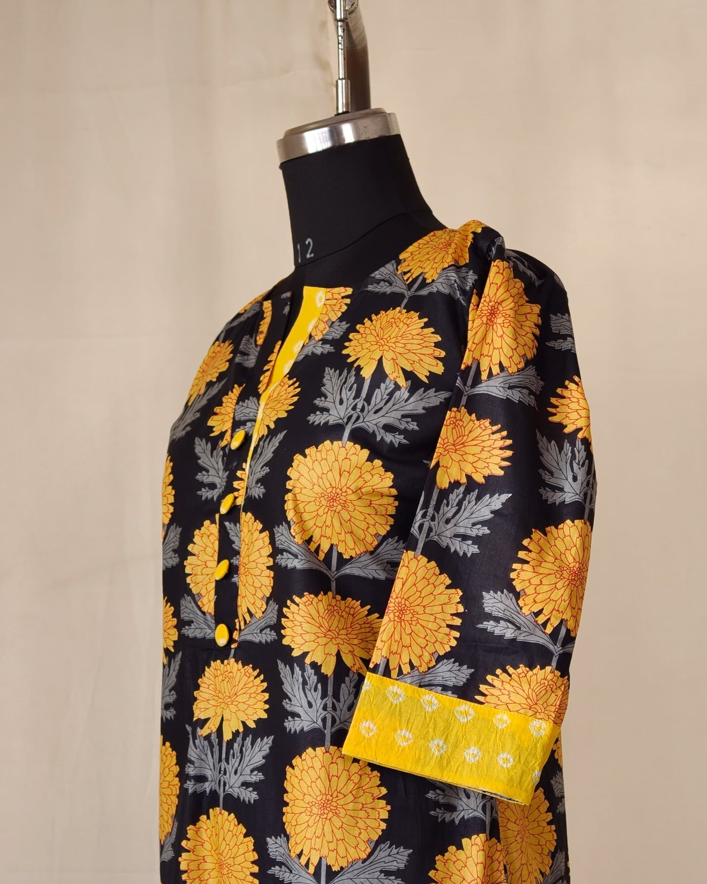 224	 Black and yellow printed straight cut kurta