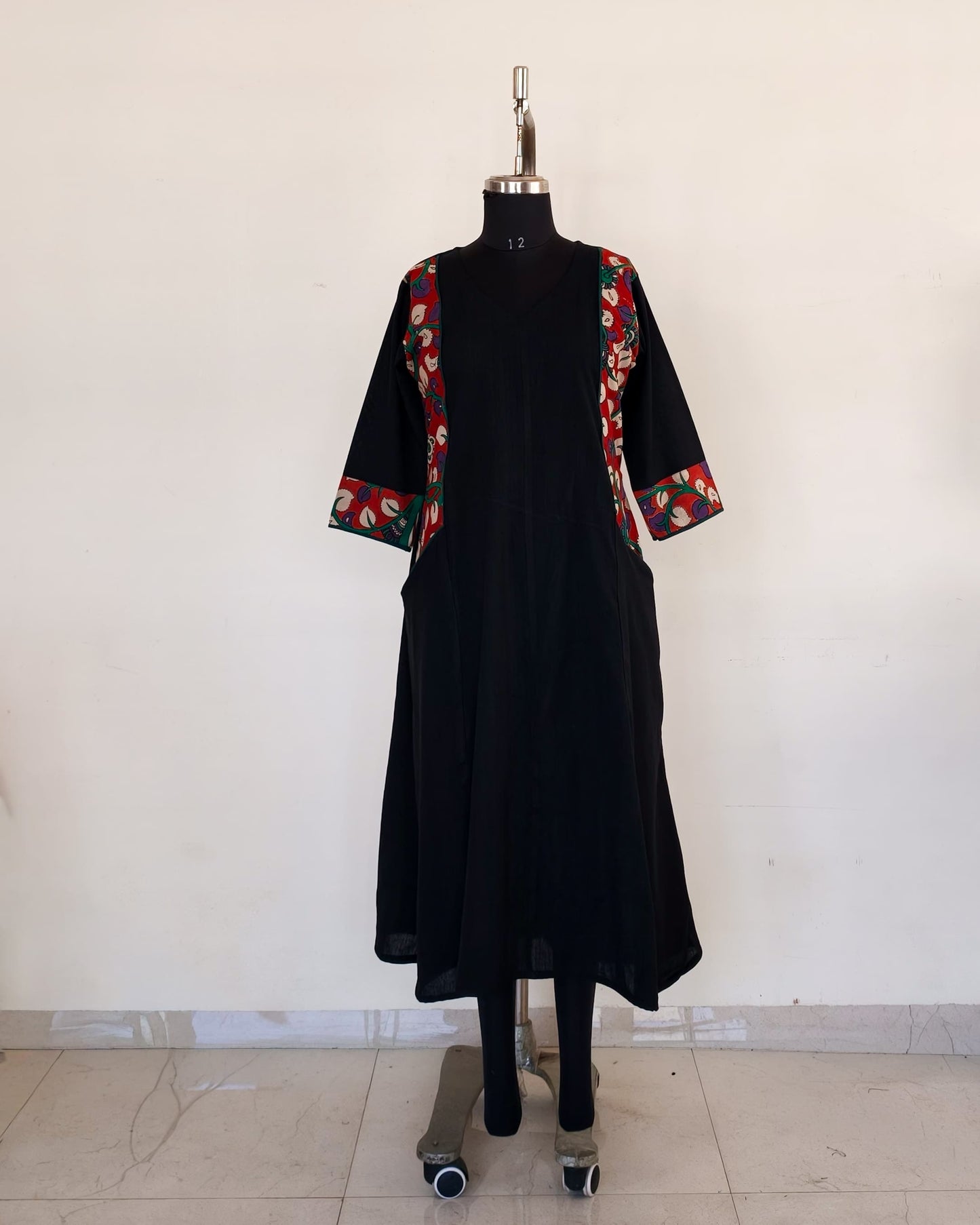 274 Black with brick red kalamkari panel with pockets