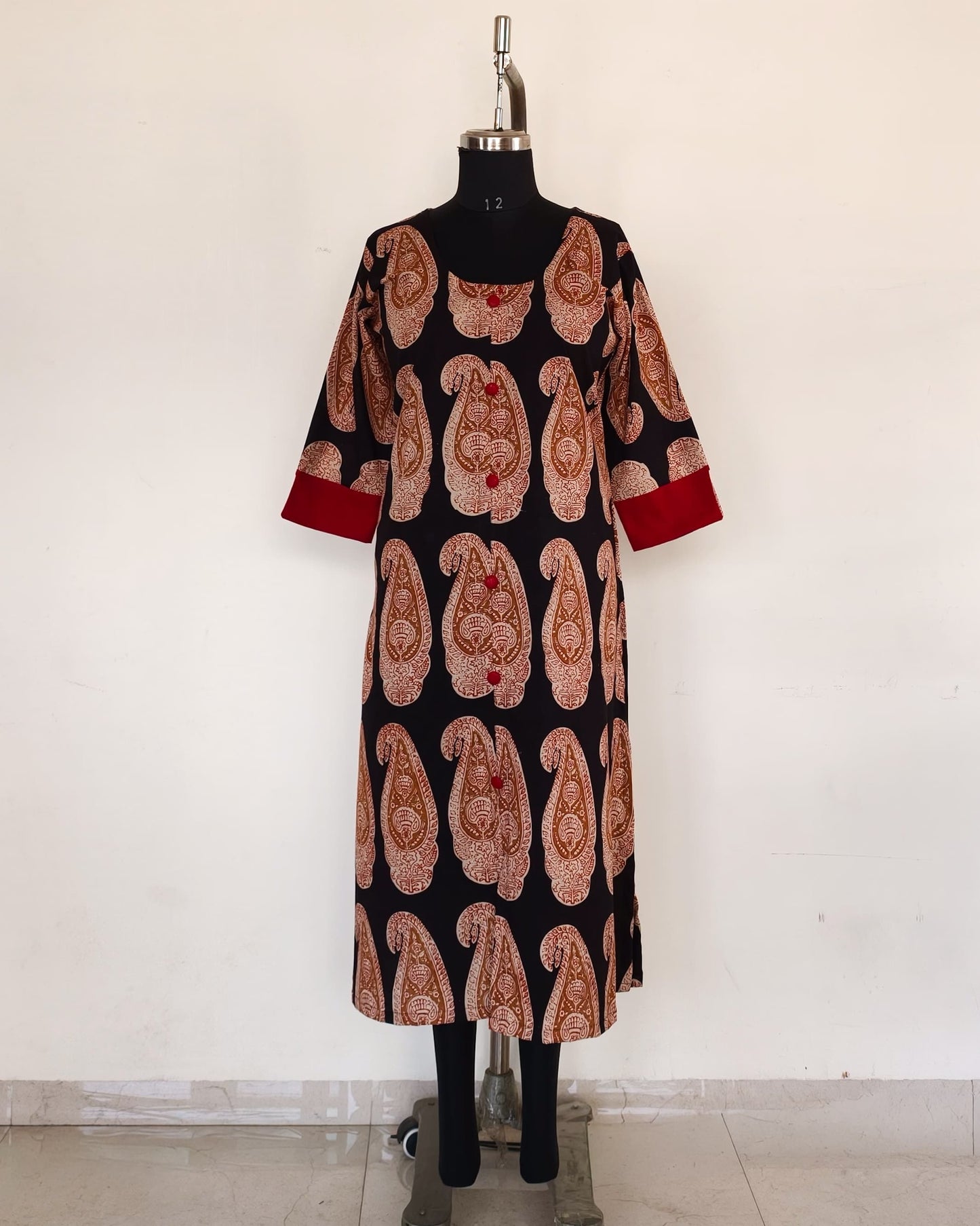 234 Black Bagru print kurta with Red buttons