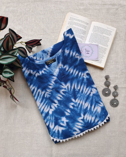 287 Navy blue Shibori kurta with yoke patch and lace