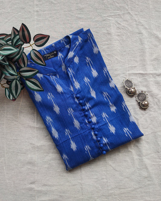 153 Blue ikkat cotton kurta with collar