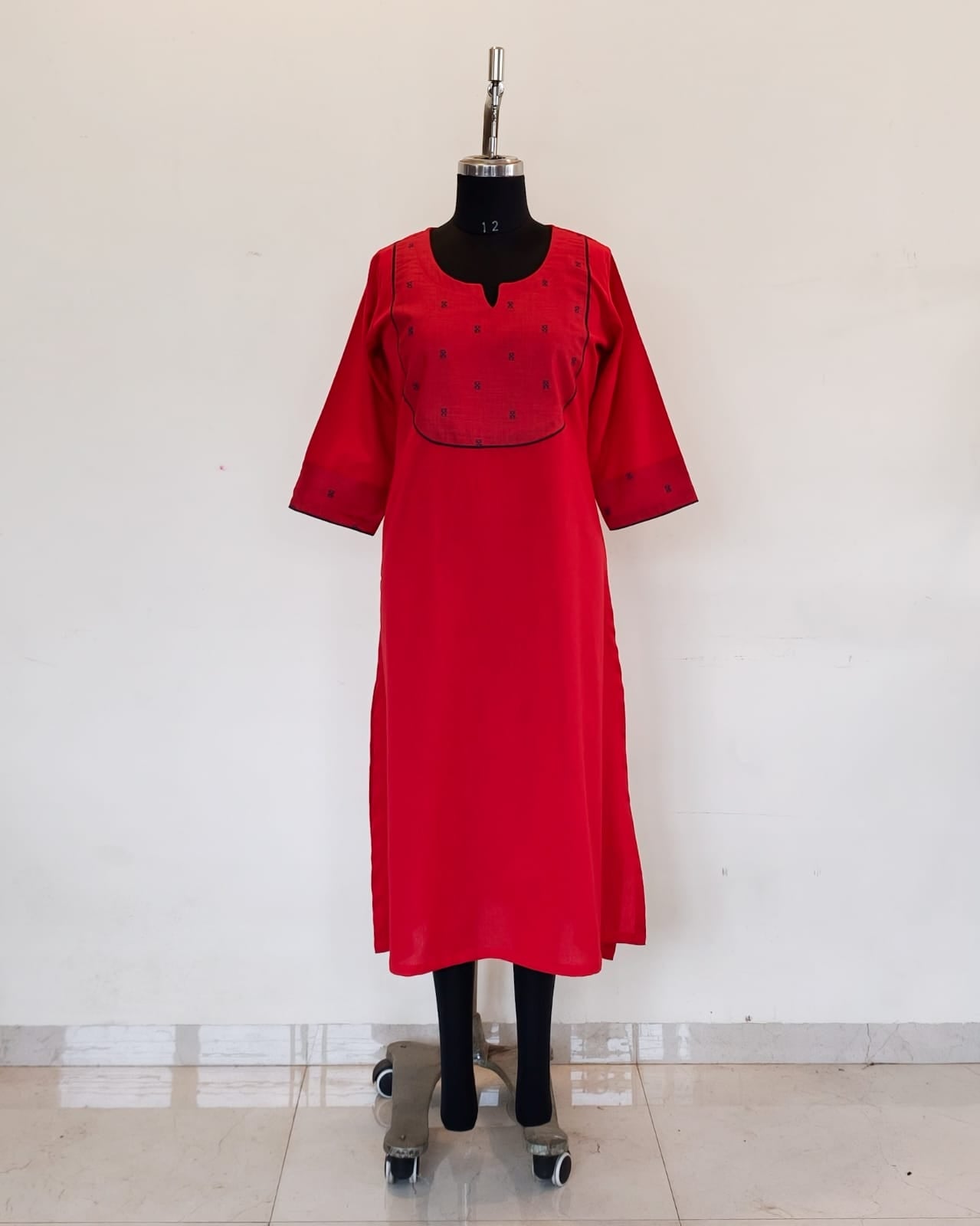 302 Red A-line kurta with navy blue butta yoke patch